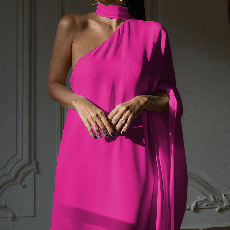 Damen elegantes One-Shoulder Abendkleid mit fließendem Stoff und schickem Kragen WW