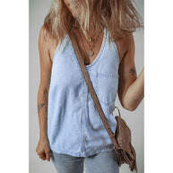 Damen ärmelloses Denim-Top mit praktischem Brusttaschen WW