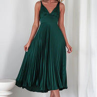 Damen Plissiertes Maxikleid mit V-Ausschnitt und schwingendem Rock WW
