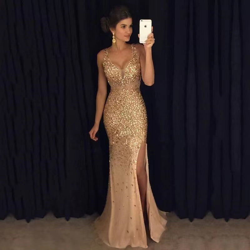 WW | Schlitz Goldfolie Lange Abendkleid