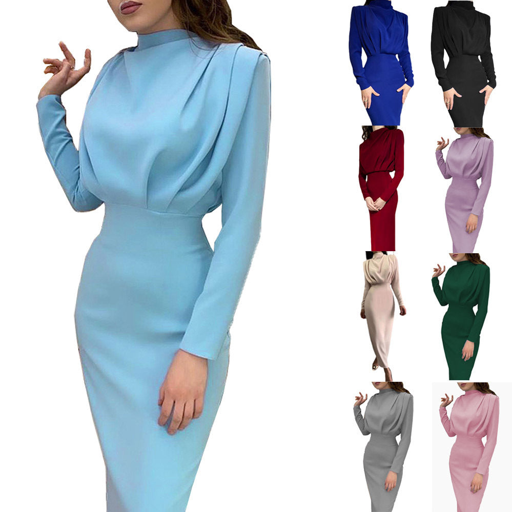 Damen elegantes Midi-Kleid mit hochgeschlossenem Design und Drapierungen WW