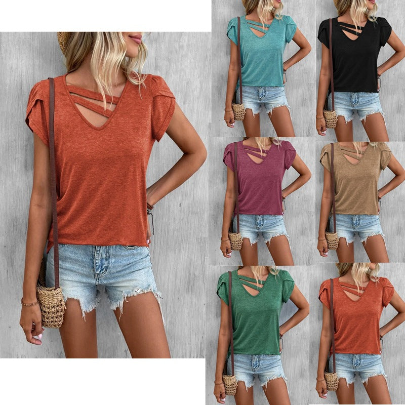 Damen lässiges Kurzarm T-Shirt mit einzigartigem Kreuz-Ausschnitt WW