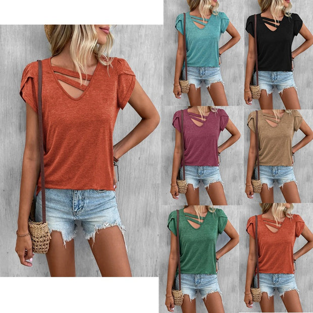 Damen lässiges Kurzarm T-Shirt mit einzigartigem Kreuz-Ausschnitt WW