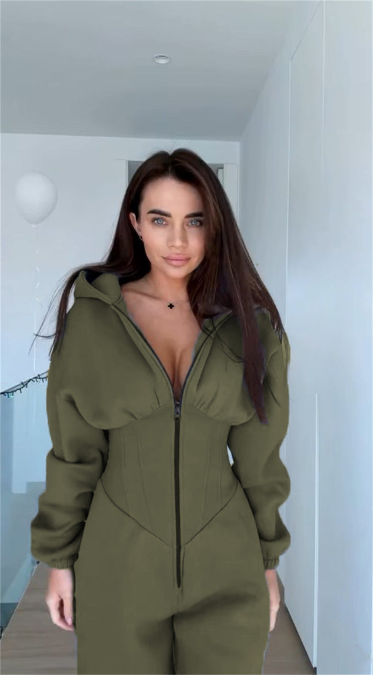 Damen Sportlicher Fleece-Jumpsuit mit hohem Kragen und trendiger Silhouette WW