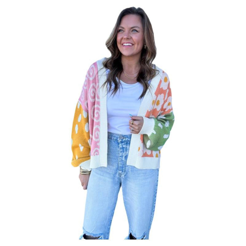 Damen gemusterter Strickjacke mit lässigem Schnitt und bunten Mustern WW