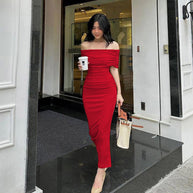 Damen Bodycon Maxikleid mit schulterfreiem Design und Raffungen WW