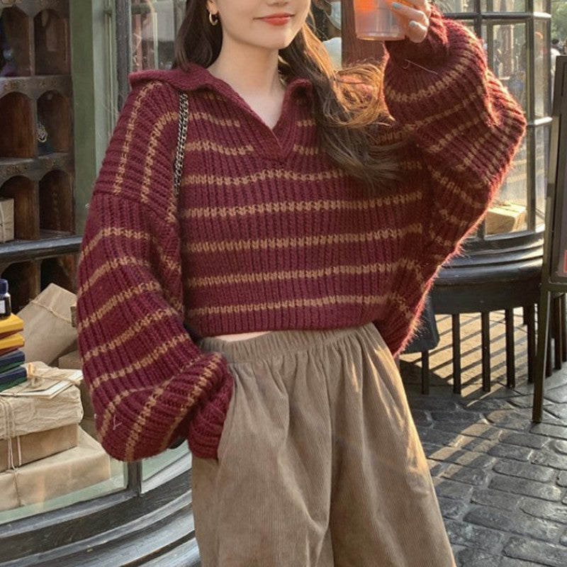 Damen Strickpullover mit lässigem Kragen und attraktiven Streifen WW