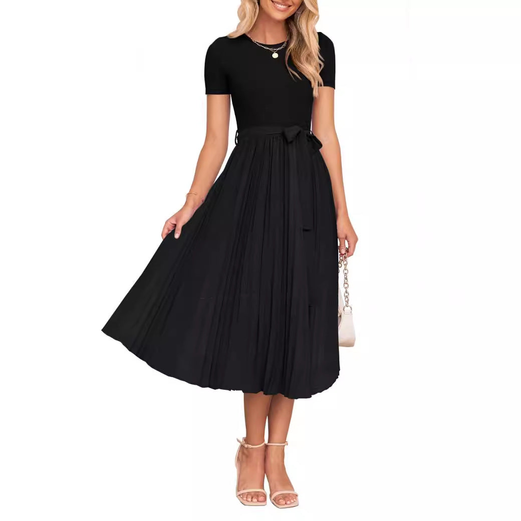 WW | Lässiges Fließendes Kurzarm-Gürtel-Midikleid