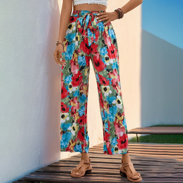 Damen weite Sommerhose mit buntem Blumenmuster und elastischem Bund WW