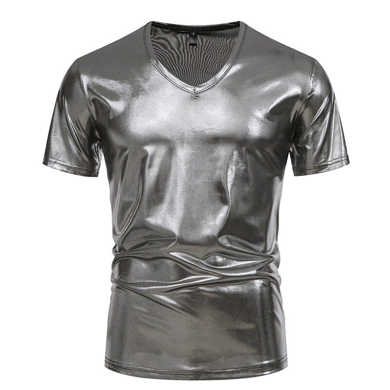 Herren Glänzendes Metallisches V-Ausschnitt T-Shirt W&W Mode