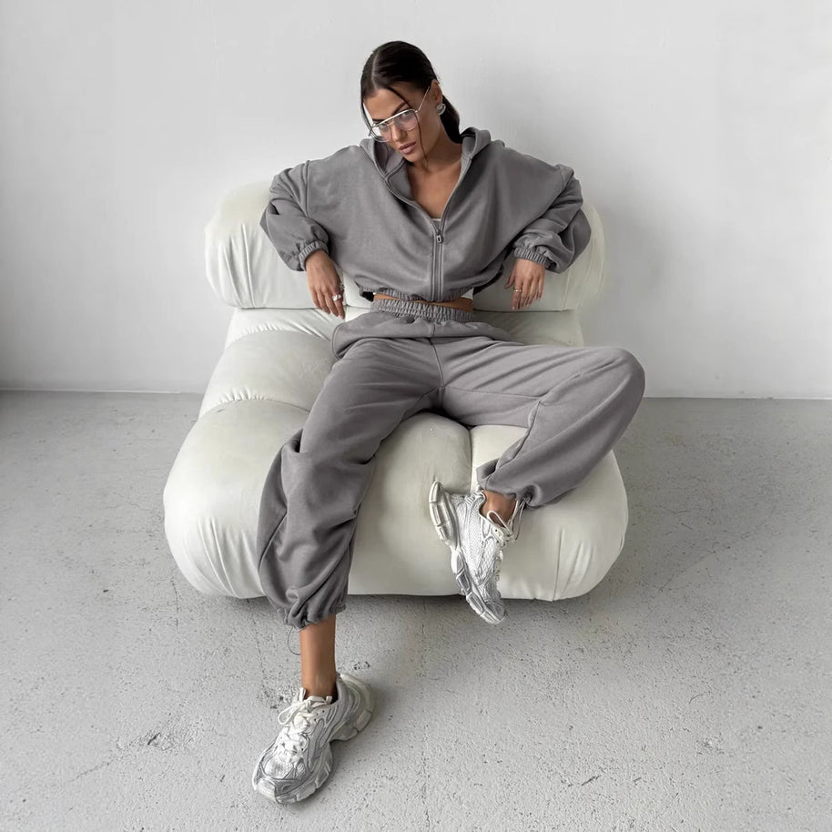 Damen sportliches und lässiges Tweed-Kapuzen-Set WW