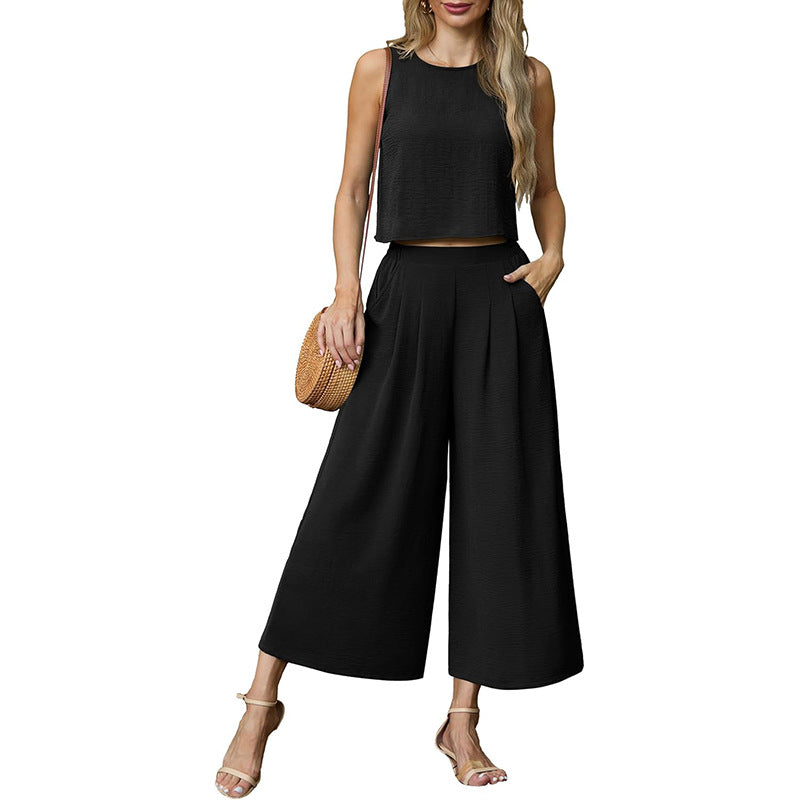 Damen luftiges Zweiteiler-Set mit weitem Hosenbein und ärmellosem Top W&W Mode