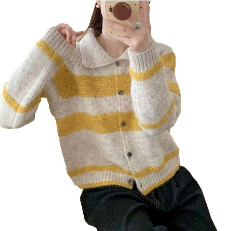 Damen Strickjacke mit dekorativem Kragen und modischen Streifen WW