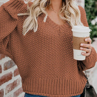 Damen Grobstrickpullover mit tiefem V-Ausschnitt und lockerer Passform WW