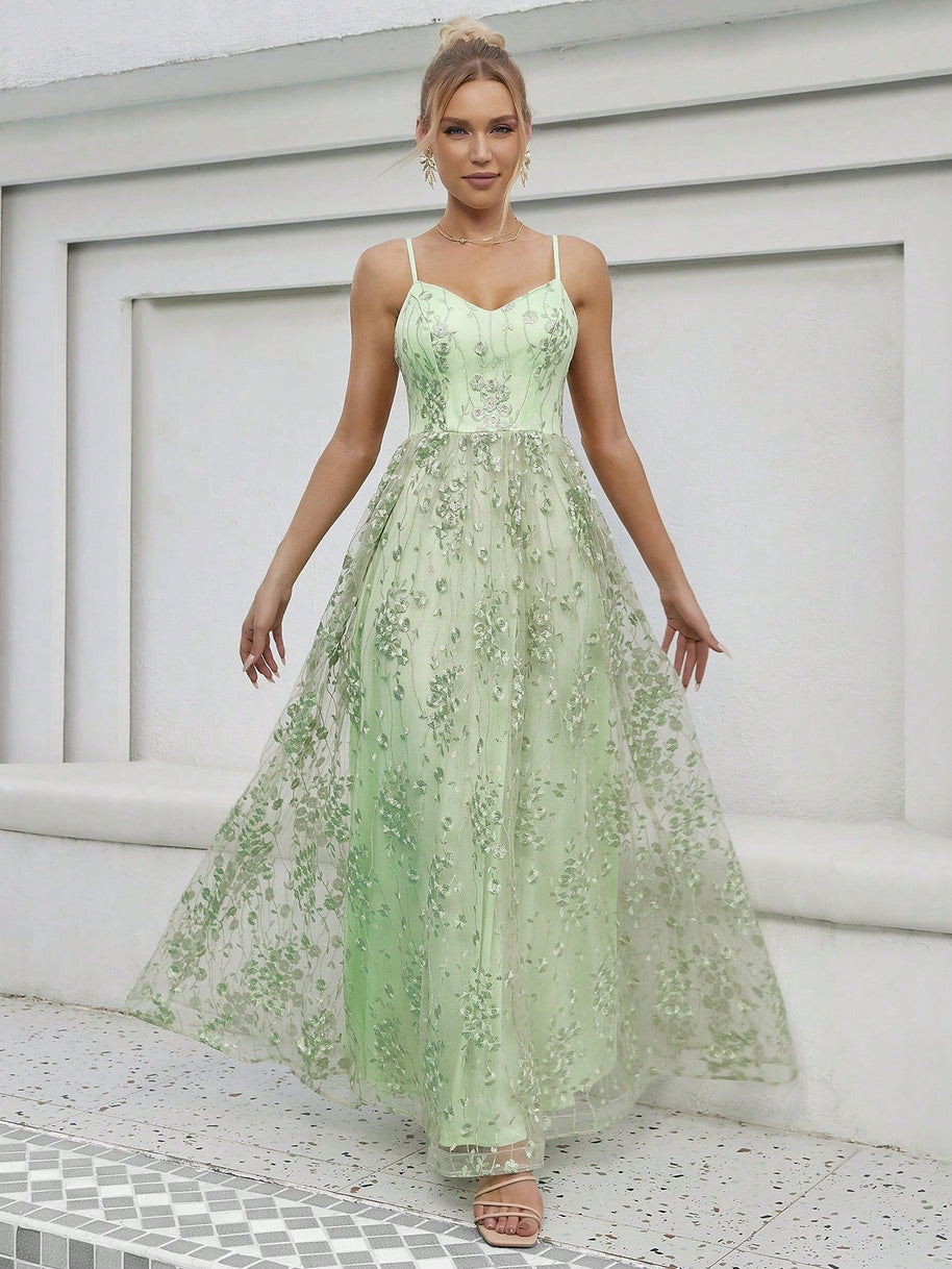 WW | V-Ausschnitt Träger Abendkleid Mesh Bestickter Rücken Freie Elegante Abendkleid Tanzkleid Festkleid Brautjungfernkleid