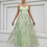 WW | V-Ausschnitt Träger Abendkleid Mesh Bestickter Rücken Freie Elegante Abendkleid Tanzkleid Festkleid Brautjungfernkleid