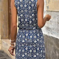 Damen ärmelloses Blumenkleid mit verstellbarem Taillenzug und fließendem Schnitt WW