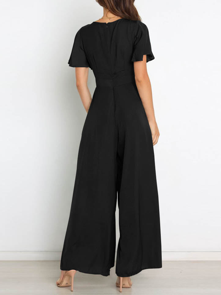 WW | Kurzarm Breite Beinform Lässig V-Ausschnitt Jumpsuit