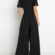 WW | Kurzarm Breite Beinform Lässig V-Ausschnitt Jumpsuit