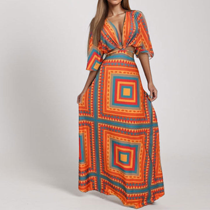 Damen Maxi-Kleid mit tiefem V-Ausschnitt und Wellenmuster W&W Mode