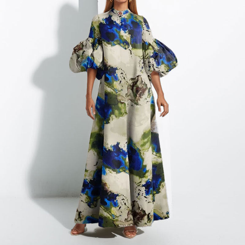 Damen Maxi-Kleid mit Volantärmeln und abstraktem Muster W&W Mode