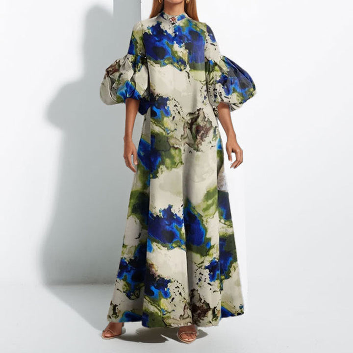Damen Maxi-Kleid mit Volantärmeln und abstraktem Muster W&W Mode