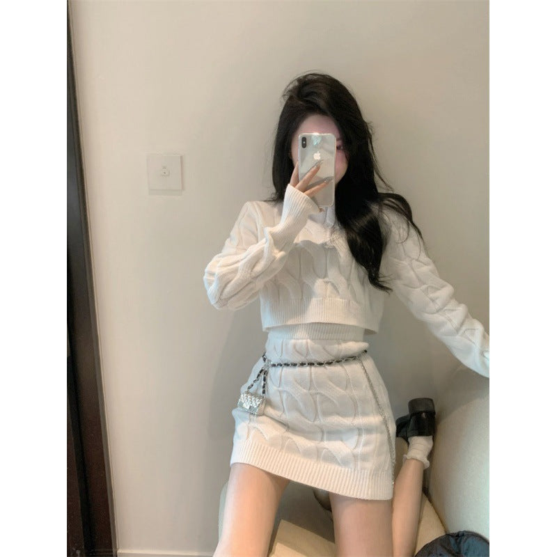 Damen Strickensemble mit cropped Oberteil und tailliertem Rock WW