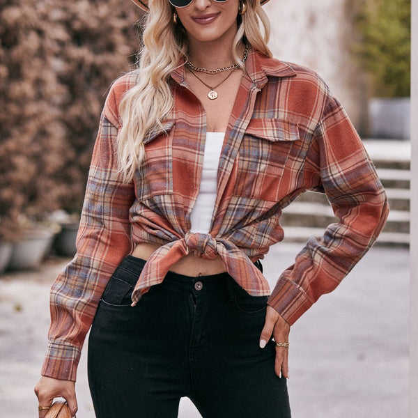 Damen kariertes Hemd mit knopfbarem Frontdesign und lässigem Knoten-Detail WW