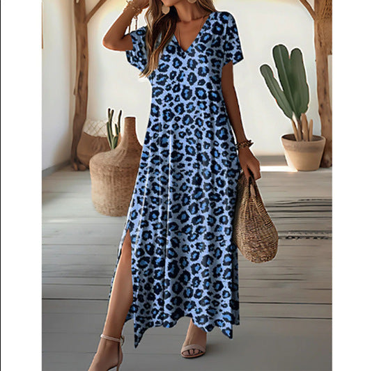 Damen Maxikleid mit modernem Leopardenmuster und seitlichen Schlitzen W&W Mode