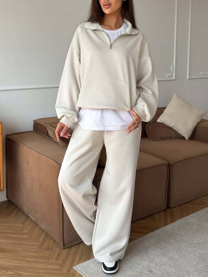 Damen bequemer und stylischer Fleece-Pullover mit halbem Reißverschluss und weiten Hosen WW