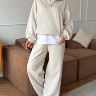 Damen bequemer und stylischer Fleece-Pullover mit halbem Reißverschluss und weiten Hosen WW