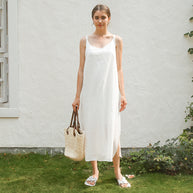 Damen elegantes Leinenkleid mit verstellbaren Spaghetti-Trägern und fließendem Schnitt WW