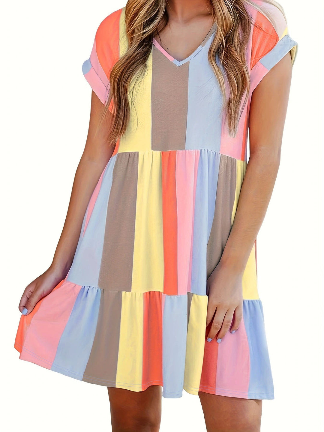 Damen Freizeitkleid mit farbenfrohem Streifenmuster und fließendem Design W&W Mode