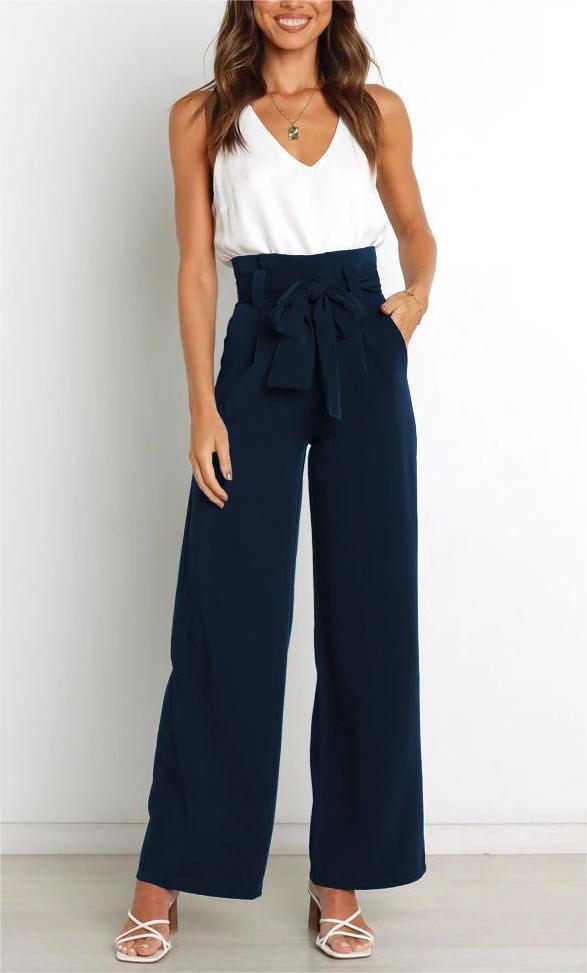 Damen elegante weite Stoffhose mit Taillengürtel W&W Mode