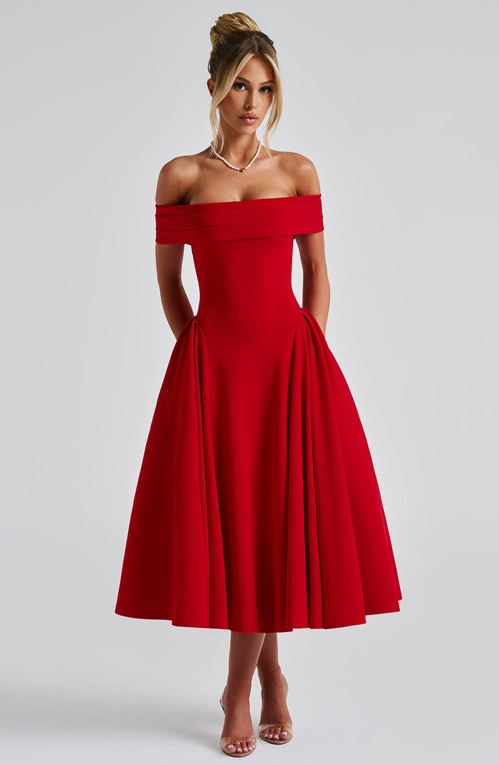 Damen elegantes Abendkleid mit schulterfreiem Design und voluminösem Rock WW