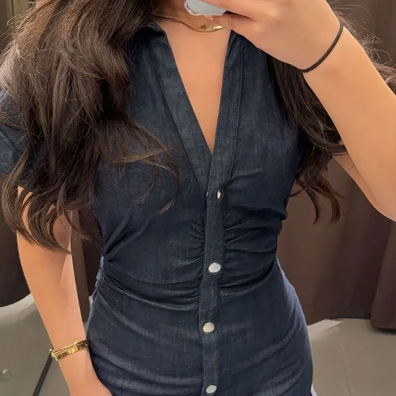Damen Knielanges Denim Kleid mit elegantem Knopfdesign W&W Mode