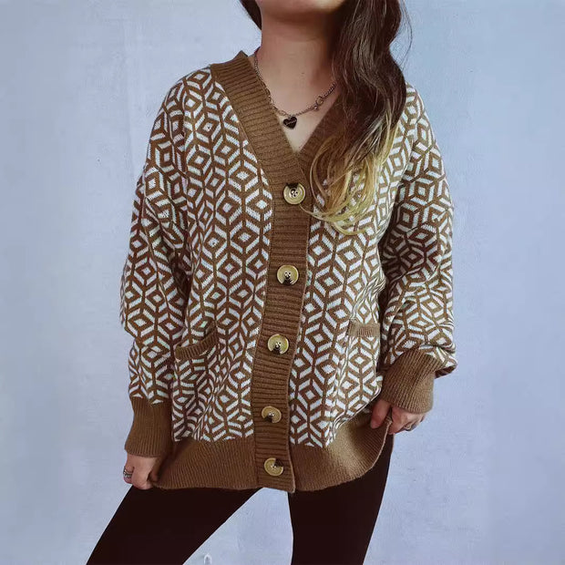 Damen Strickjacke mit geometrischem Muster und Knopfdetails WW