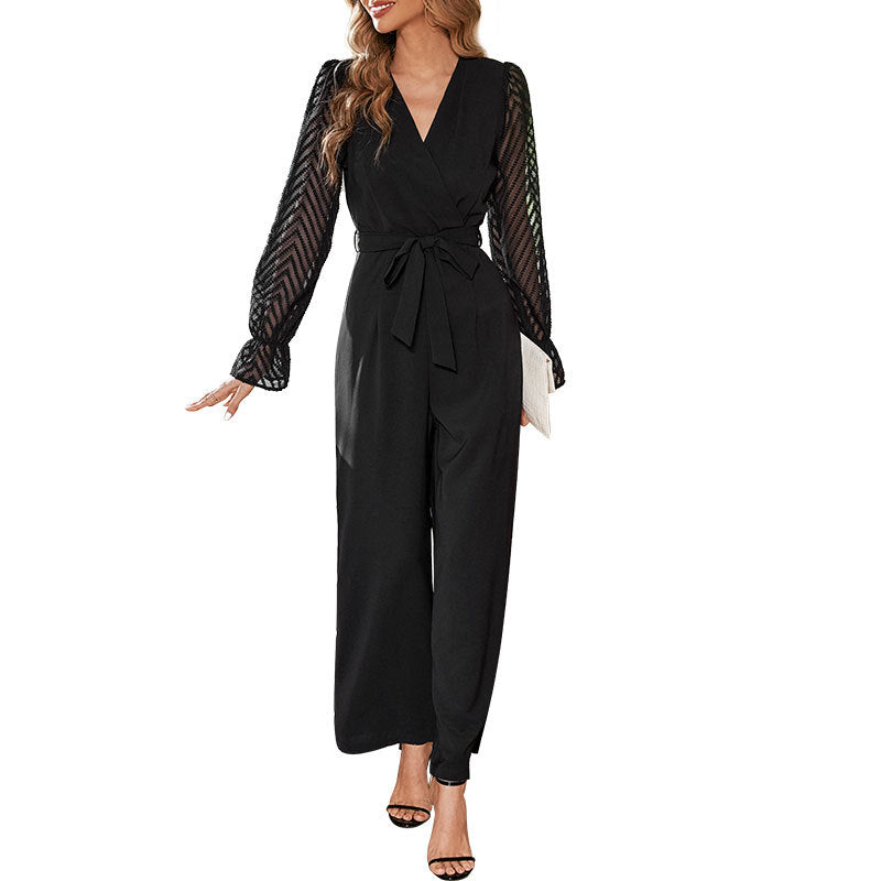 Damen Eleganter Jumpsuit mit taillierbarem Gürtel und transparenter Ärmeloptik WW