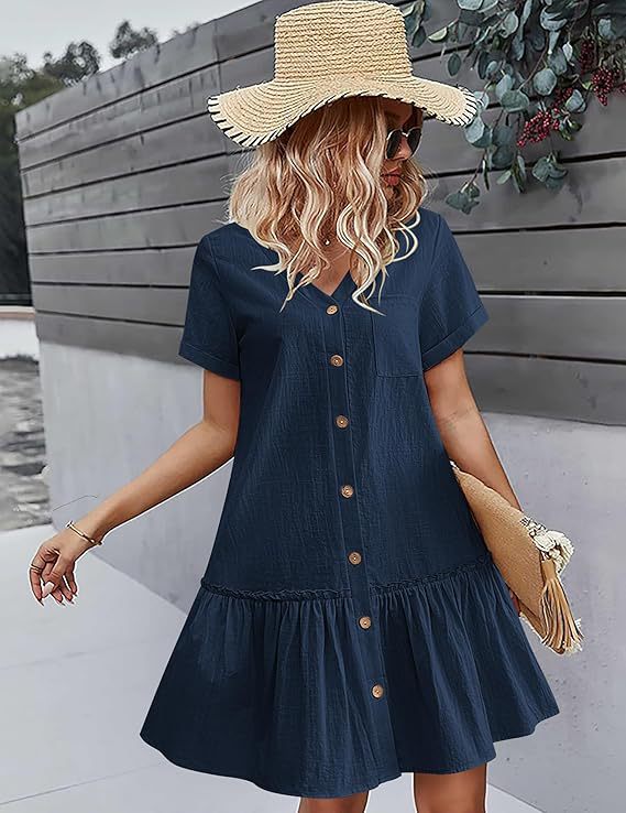 Damen lässiges Hemdblusenkleid mit Rüschen und Knopfleiste WW