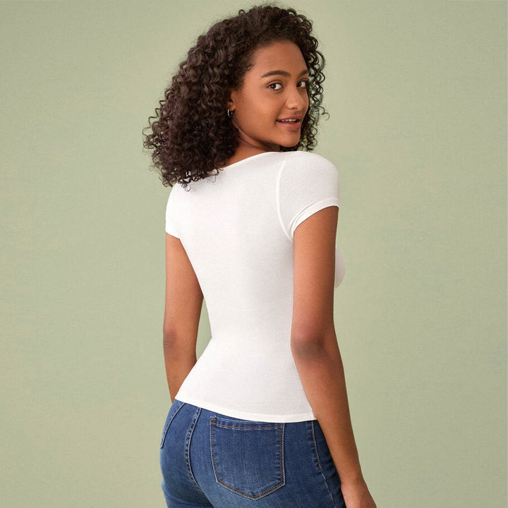 Damen figurbetontes Kurzarmbody mit V-Ausschnitt W&W Mode