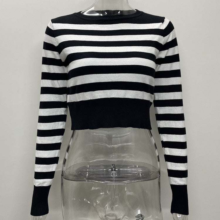 Damen Cropped Pullover mit gestreiftem Design und elastischem Abschluss WW