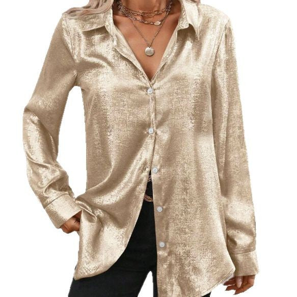 Damen glanzvolle Bluse mit elegantem V-Ausschnitt und feinem Knopfdetail WW