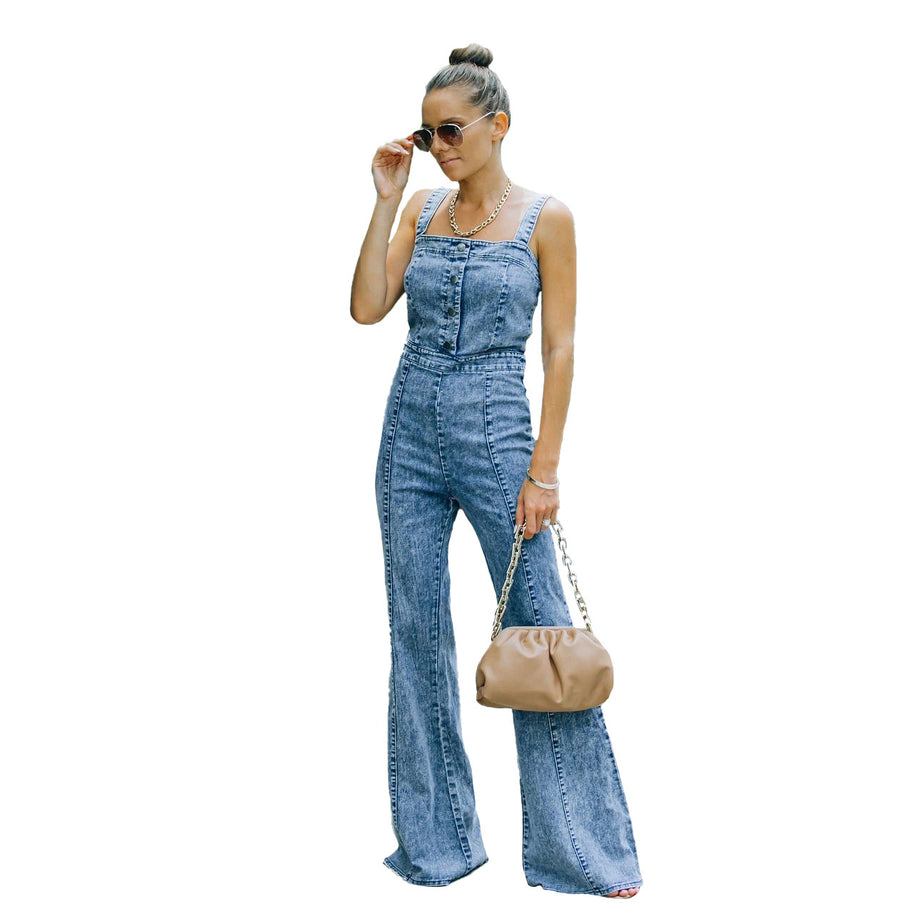 Damen Jumpsuit im lässigen Denim-Look mit weit geschnittenem Beinen und dekorativen Knöpfen WW
