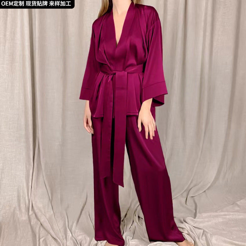 Damen satinierter Kimono-Style Morgenmantel und Hose Set WW