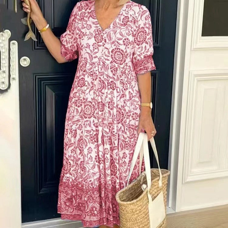 WW | Dreiviertelärmeliges langes floral gefärbtes Tie-Dye Druckkleid