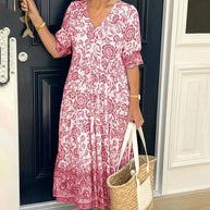 WW | Dreiviertelärmeliges langes floral gefärbtes Tie-Dye Druckkleid