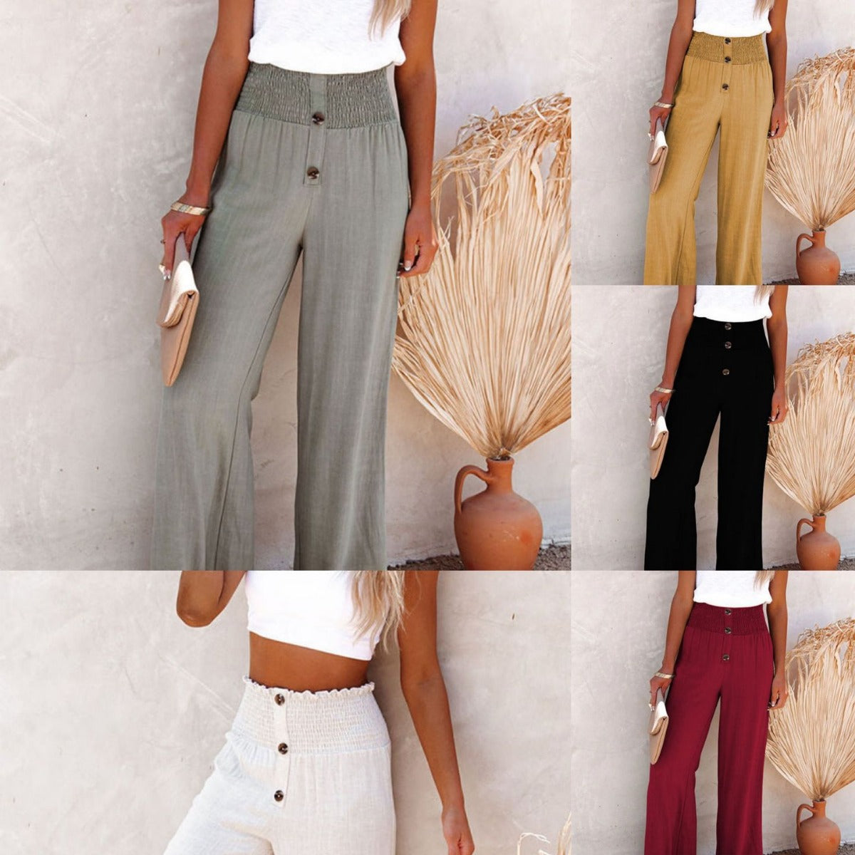 Damen Weite Chinohose mit elastischem Bund und dekorativen Knopfdetails WW