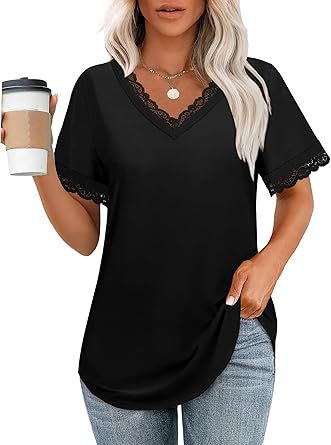 Damen V-Ausschnitt T-Shirt mit Spitzendetails WW