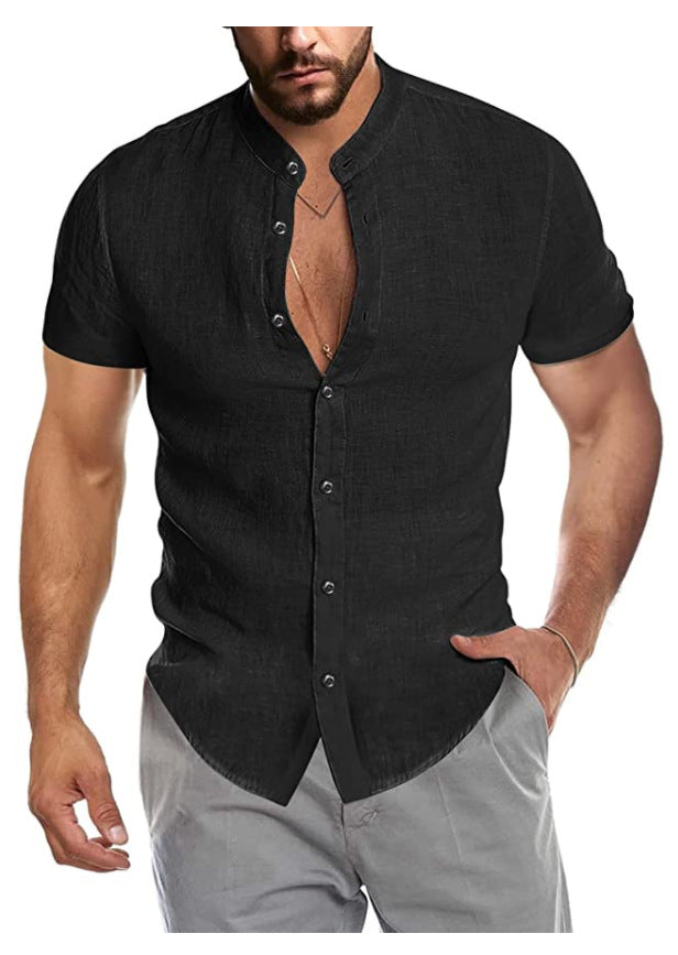 Herren Kurzarm Leinenhemd mit Stehkragen und dezenter Knopfleiste W&W Mode