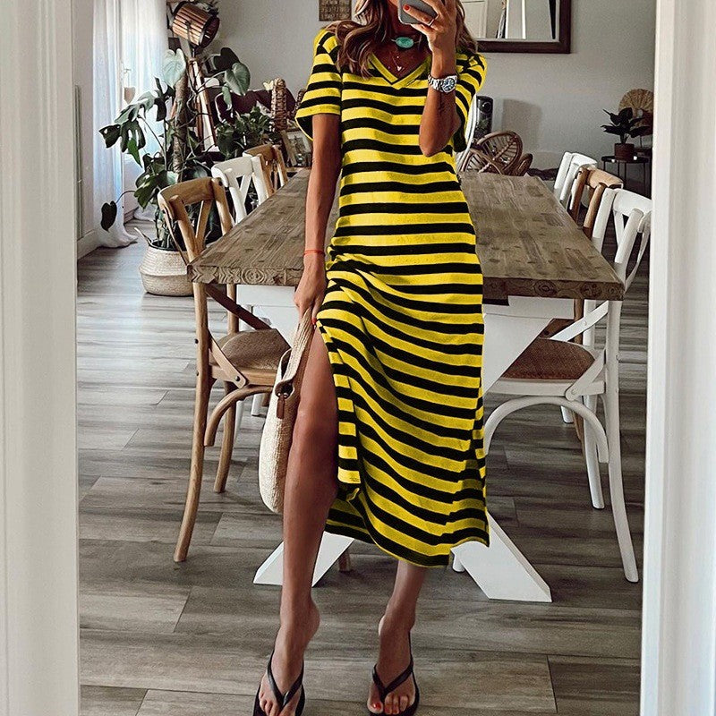 Damen lässiges Sommermaxikleid mit Streifen und Seitenschlitz WW